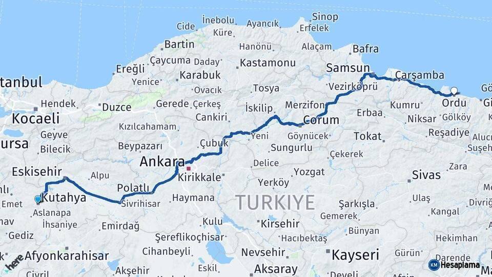 Kütahya Ordu Arası Kaç Km - Yol Haritası