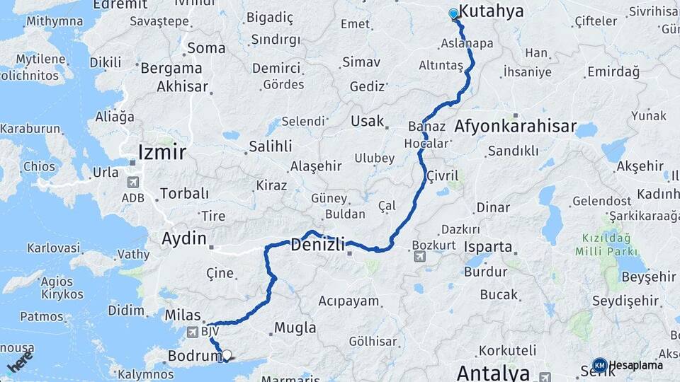 Kütahya Ören Milas Muğla Arası Kaç Km - Yol Haritası