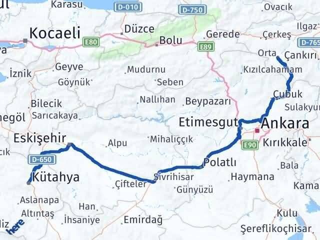 Kütahya Orta Çankırı Arası Kaç Km - Yol Haritası