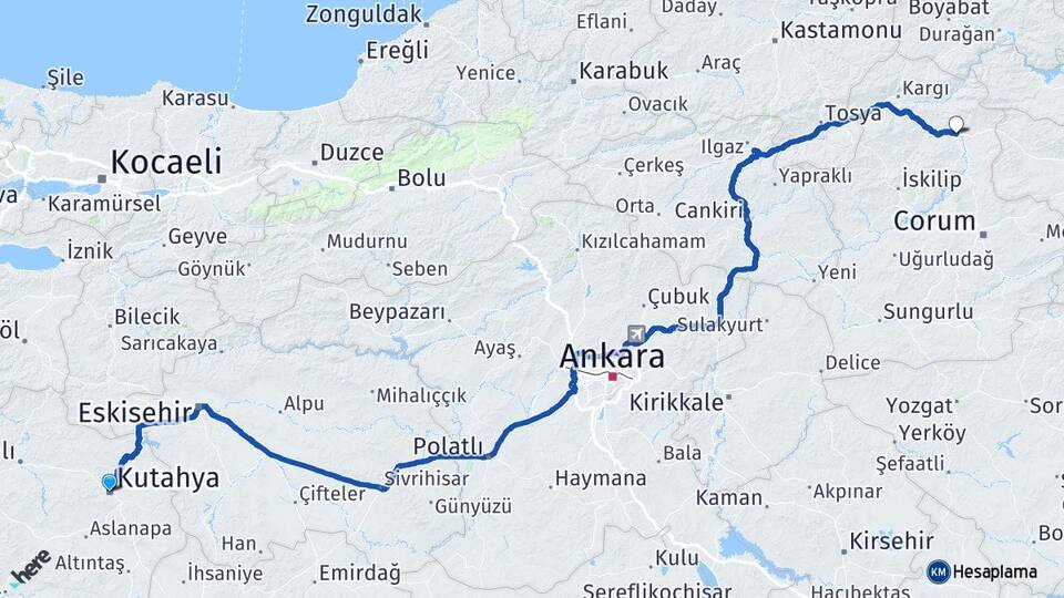 Kütahya Osmancık Çorum Arası Kaç Km - Yol Haritası