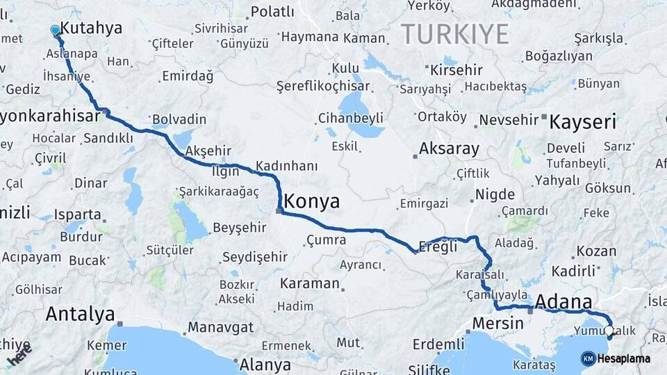 Kütahya Payas Hatay Arası Kaç Km - Yol Haritası