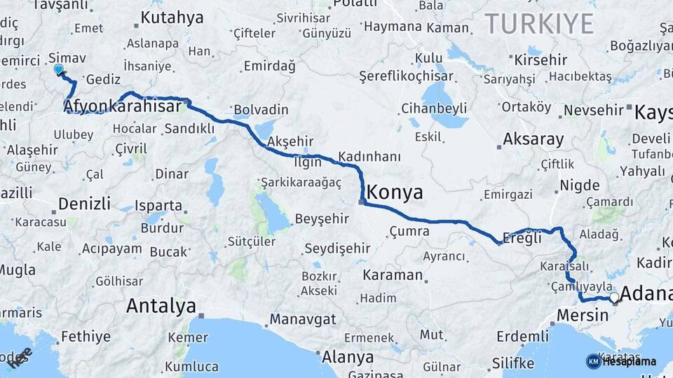 Kütahya Pazarlar Adana Arası Kaç Km - Yol Haritası