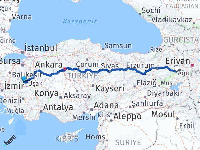 Kütahya Pazarlar Ağrı Arası Kaç Km - Yol Haritası