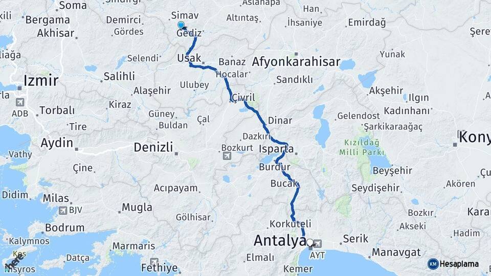 Kütahya Pazarlar Antalya Arası Kaç Km - Yol Haritası