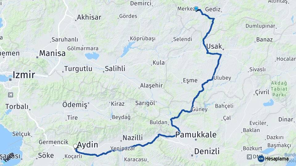 Kütahya Pazarlar Aydın Arası Kaç Km - Yol Haritası