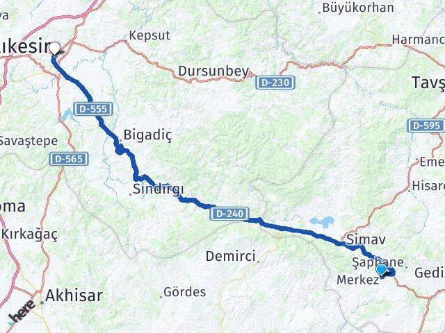 Kütahya Pazarlar Balıkesir Arası Kaç Km - Yol Haritası