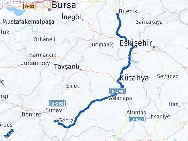 Kütahya Pazarlar Bilecik Arası Kaç Km - Yol Haritası