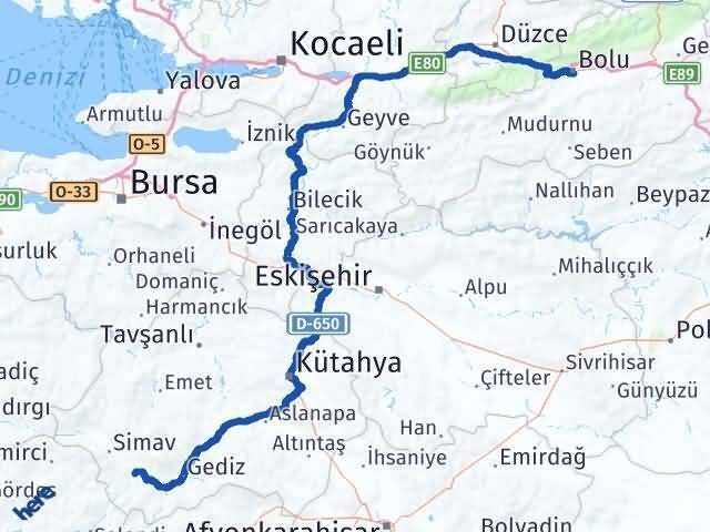 Kütahya Pazarlar Bolu Arası Kaç Km - Yol Haritası