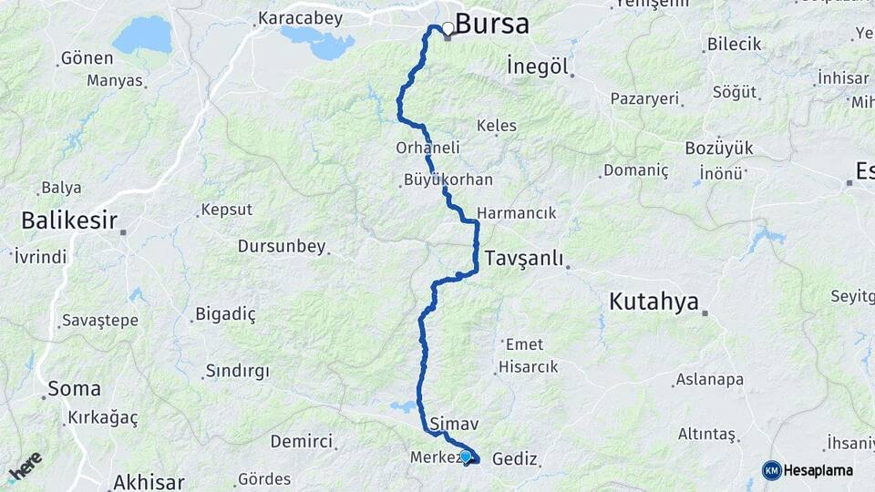 Kütahya Pazarlar Bursa Arası Kaç Km - Yol Haritası
