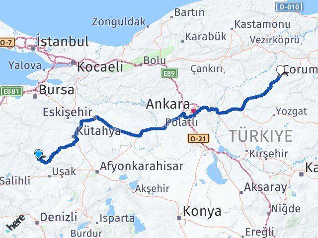 Kütahya Pazarlar Çorum Arası Kaç Km - Yol Haritası
