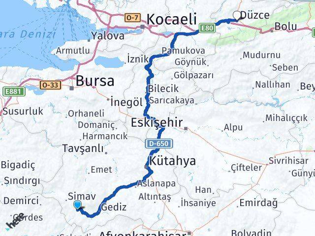 Kütahya Pazarlar Düzce Arası Kaç Km - Yol Haritası