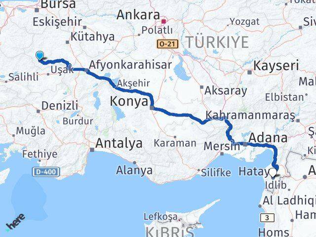 Kütahya Pazarlar Hatay Arası Kaç Km - Yol Haritası