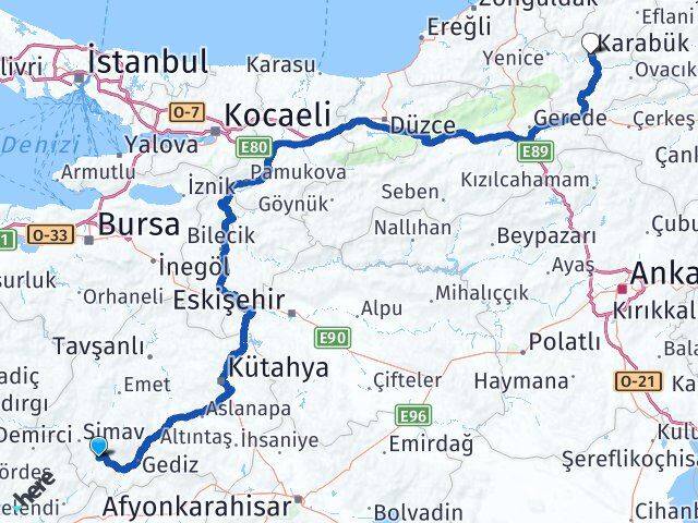 Kütahya Pazarlar Karabük Arası Kaç Km - Yol Haritası