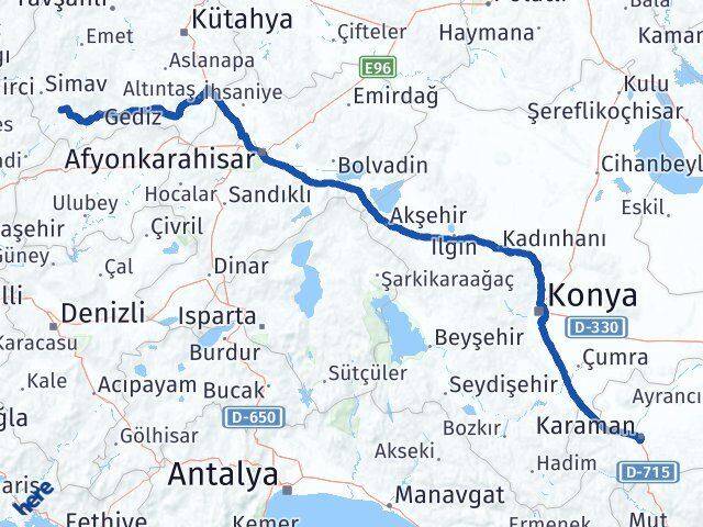 Kütahya Pazarlar Karaman Arası Kaç Km - Yol Haritası