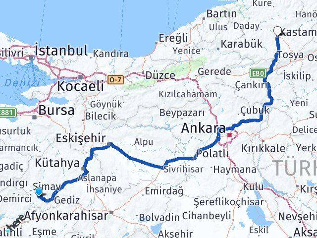 Kütahya Pazarlar Kastamonu Arası Kaç Km - Yol Haritası