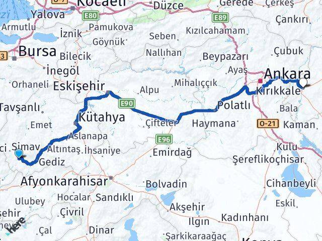 Kütahya Pazarlar Kırıkkale Arası Kaç Km - Yol Haritası