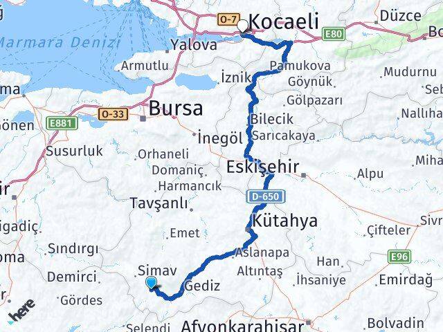 Kütahya Pazarlar Kocaeli Arası Kaç Km - Yol Haritası
