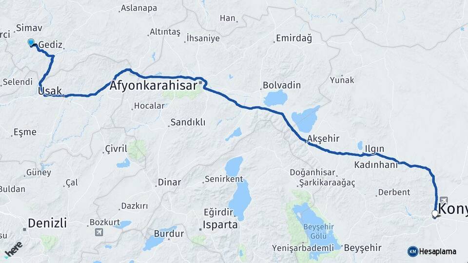 Kütahya Pazarlar Konya Arası Kaç Km - Yol Haritası