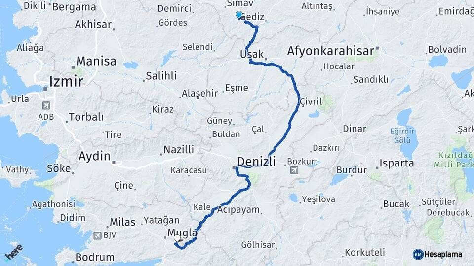 Kütahya Pazarlar Muğla Arası Kaç Km - Yol Haritası