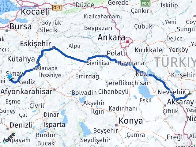 Kütahya Pazarlar Nevşehir Arası Kaç Km - Yol Haritası