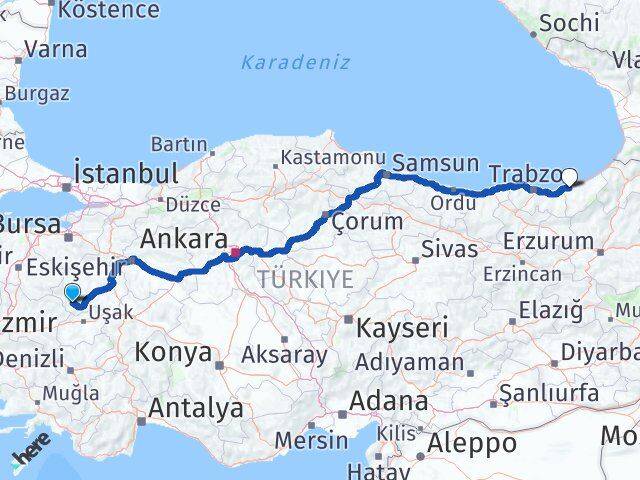 Kütahya Pazarlar Rize Arası Kaç Km - Yol Haritası