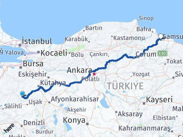 Kütahya Pazarlar Samsun Arası Kaç Km - Yol Haritası