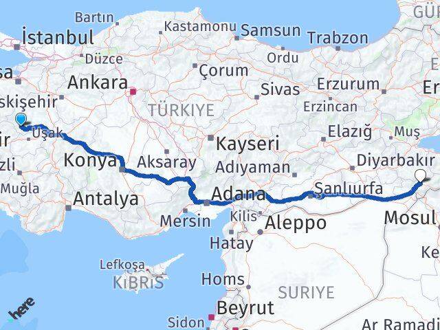 Kütahya Pazarlar Şırnak Arası Kaç Km - Yol Haritası
