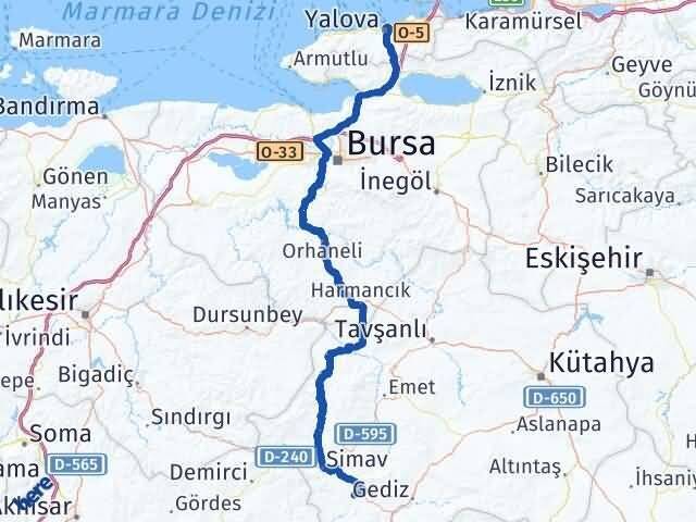 Kütahya Pazarlar Yalova Arası Kaç Km - Yol Haritası