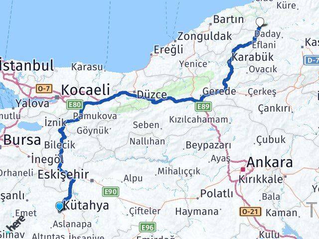 Kütahya Pınarbaşı Kastamonu Arası Kaç Km - Yol Haritası