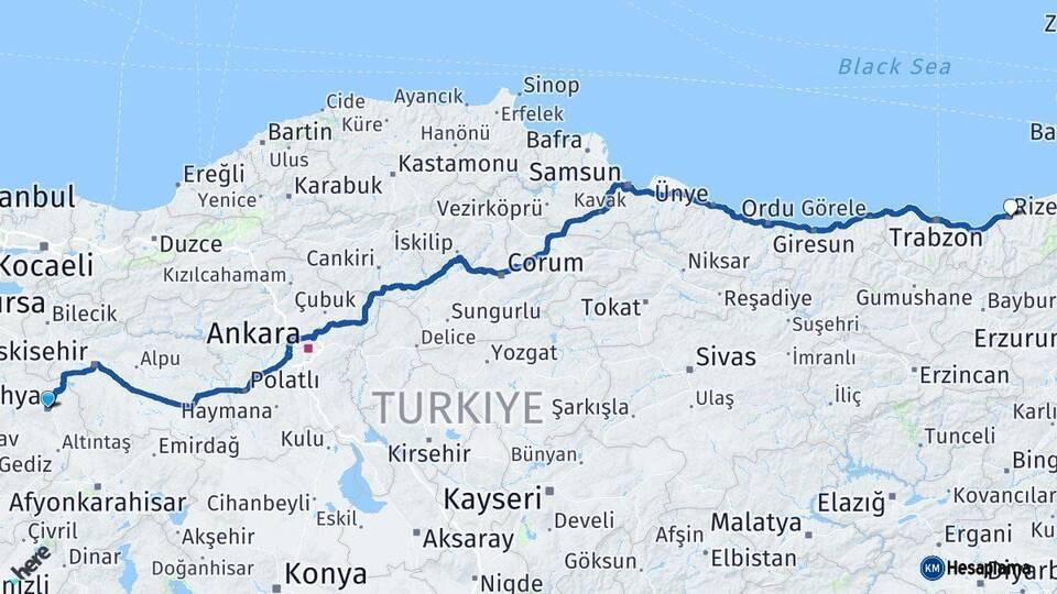 Kütahya Rize Arası Kaç Km - Yol Haritası