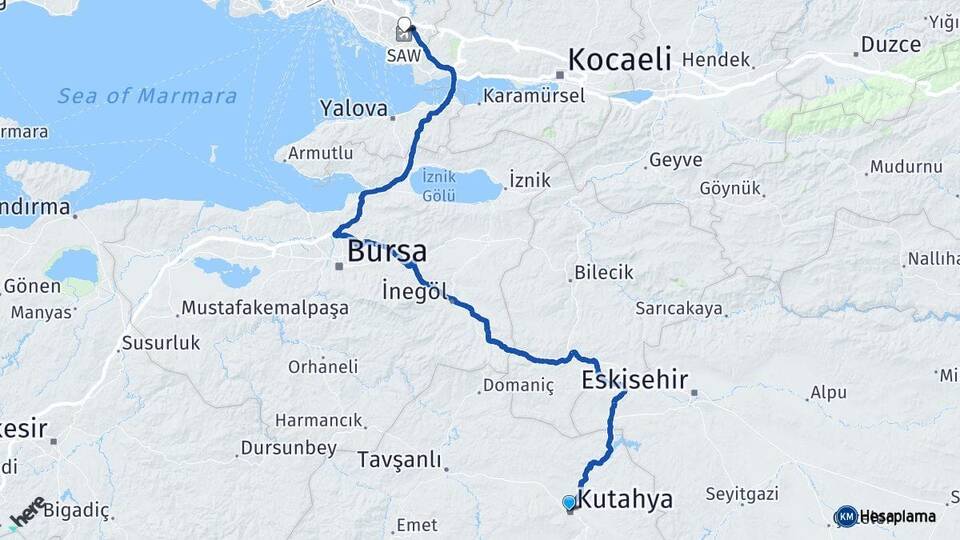 Kütahya Sabiha Gökçen Havalimanı Arası Kaç Km - Yol Haritası