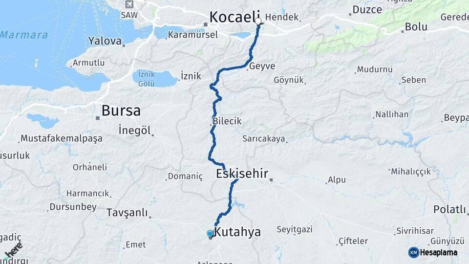 Kütahya Sakarya Arası Kaç Km - Yol Haritası