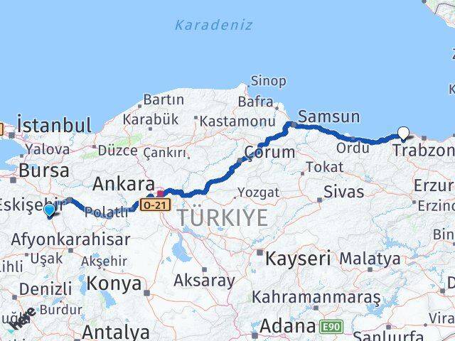 Kütahya Şalpazarı Trabzon Arası Kaç Km - Yol Haritası