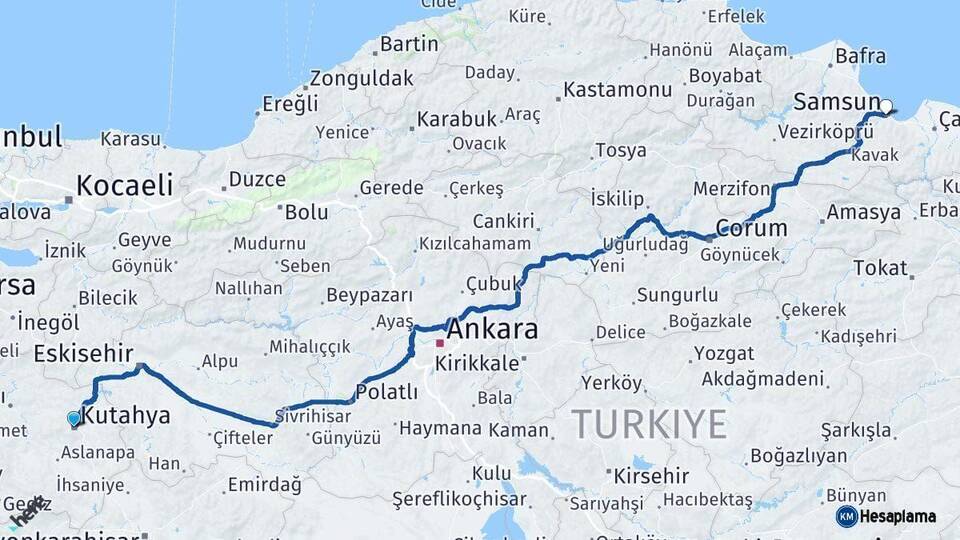 Kütahya Samsun Arası Kaç Km - Yol Haritası