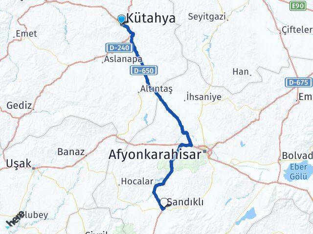 Kütahya Sandıklı Afyonkarahisar Arası Kaç Km - Yol Haritası