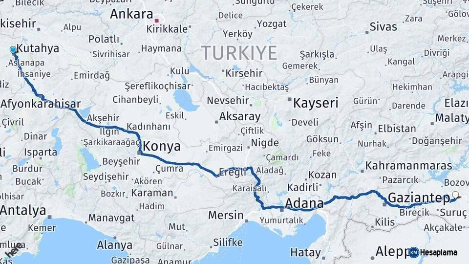 Kütahya Şanlıurfa Arası Kaç Km - Yol Haritası