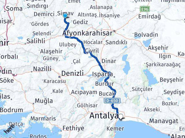 Kütahya Şaphane Antalya Arası Kaç Km - Yol Haritası