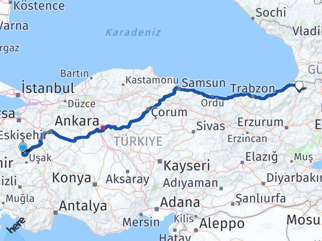 Kütahya Şaphane Artvin Arası Kaç Km - Yol Haritası