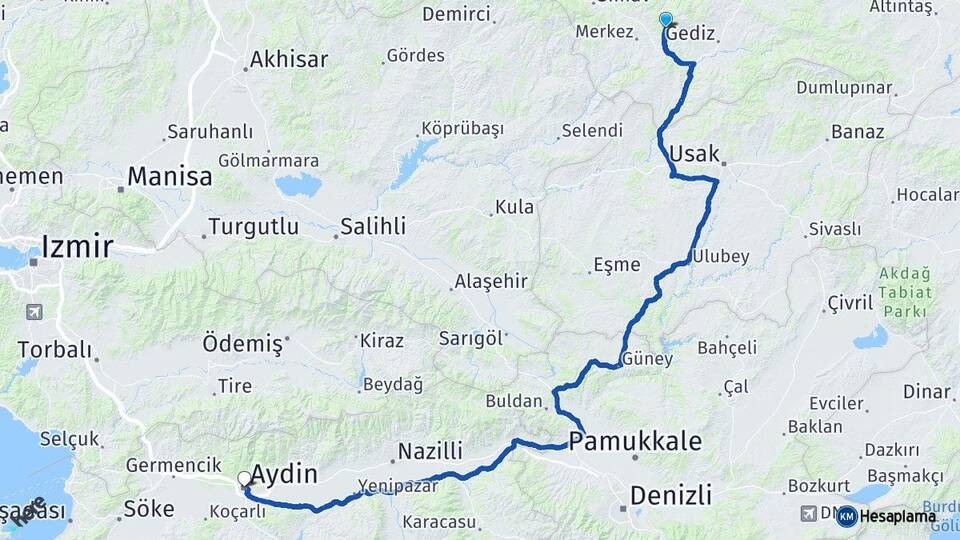 Kütahya Şaphane Aydın Arası Kaç Km - Yol Haritası