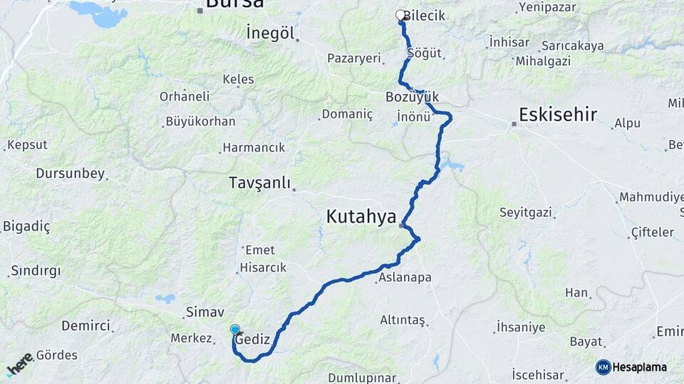 Kütahya Şaphane Bilecik Arası Kaç Km - Yol Haritası