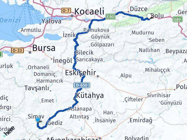 Kütahya Şaphane Bolu Arası Kaç Km - Yol Haritası