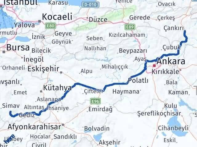 Kütahya Şaphane Çankırı Arası Kaç Km - Yol Haritası