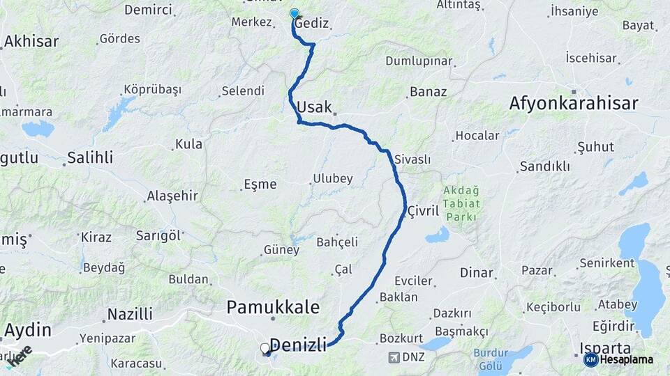 Kütahya Şaphane Denizli Arası Kaç Km - Yol Haritası