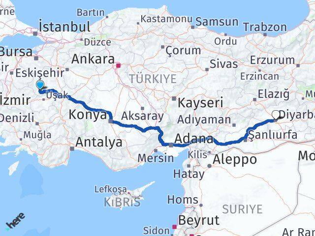 Kütahya Şaphane Diyarbakır Arası Kaç Km - Yol Haritası