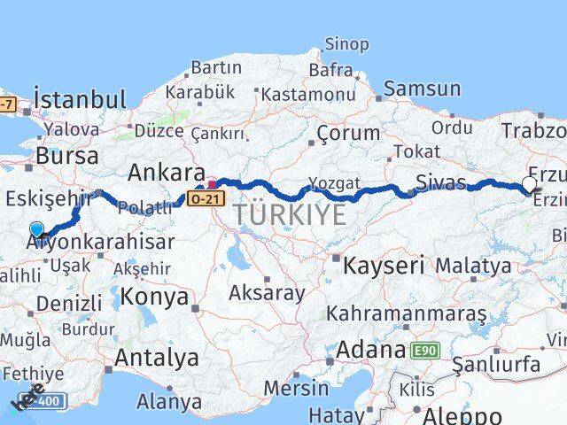 Kütahya Şaphane Erzincan Arası Kaç Km - Yol Haritası