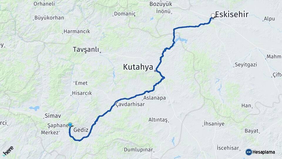 Kütahya Şaphane Eskişehir Arası Kaç Km - Yol Haritası