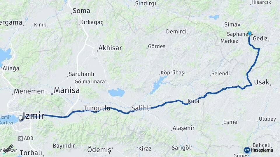 Kütahya Şaphane İzmir Arası Kaç Km - Yol Haritası