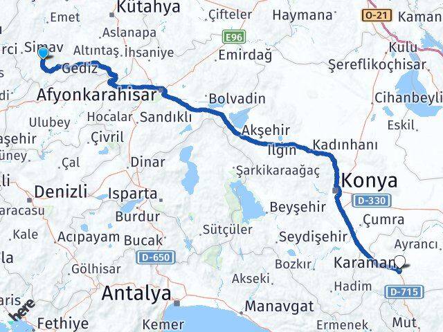 Kütahya Şaphane Karaman Arası Kaç Km - Yol Haritası