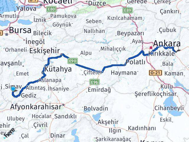 Kütahya Şaphane Kırıkkale Arası Kaç Km - Yol Haritası