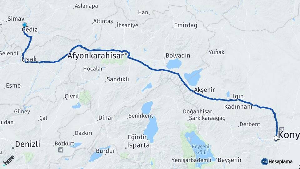Kütahya Şaphane Konya Arası Kaç Km - Yol Haritası